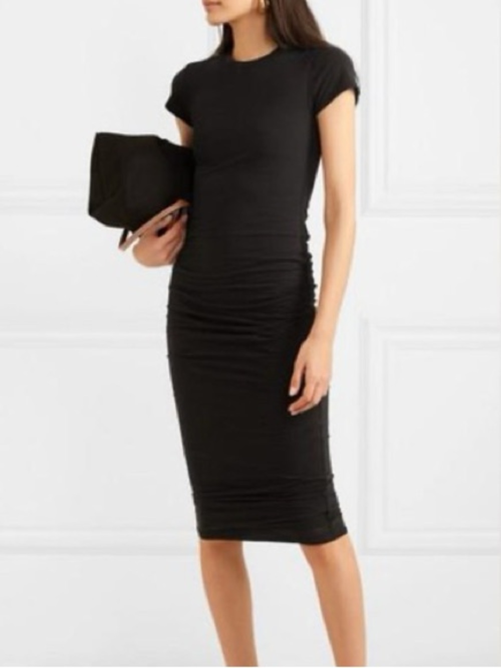 James Perse Black Short-Sleeve Ruched Midi Dress